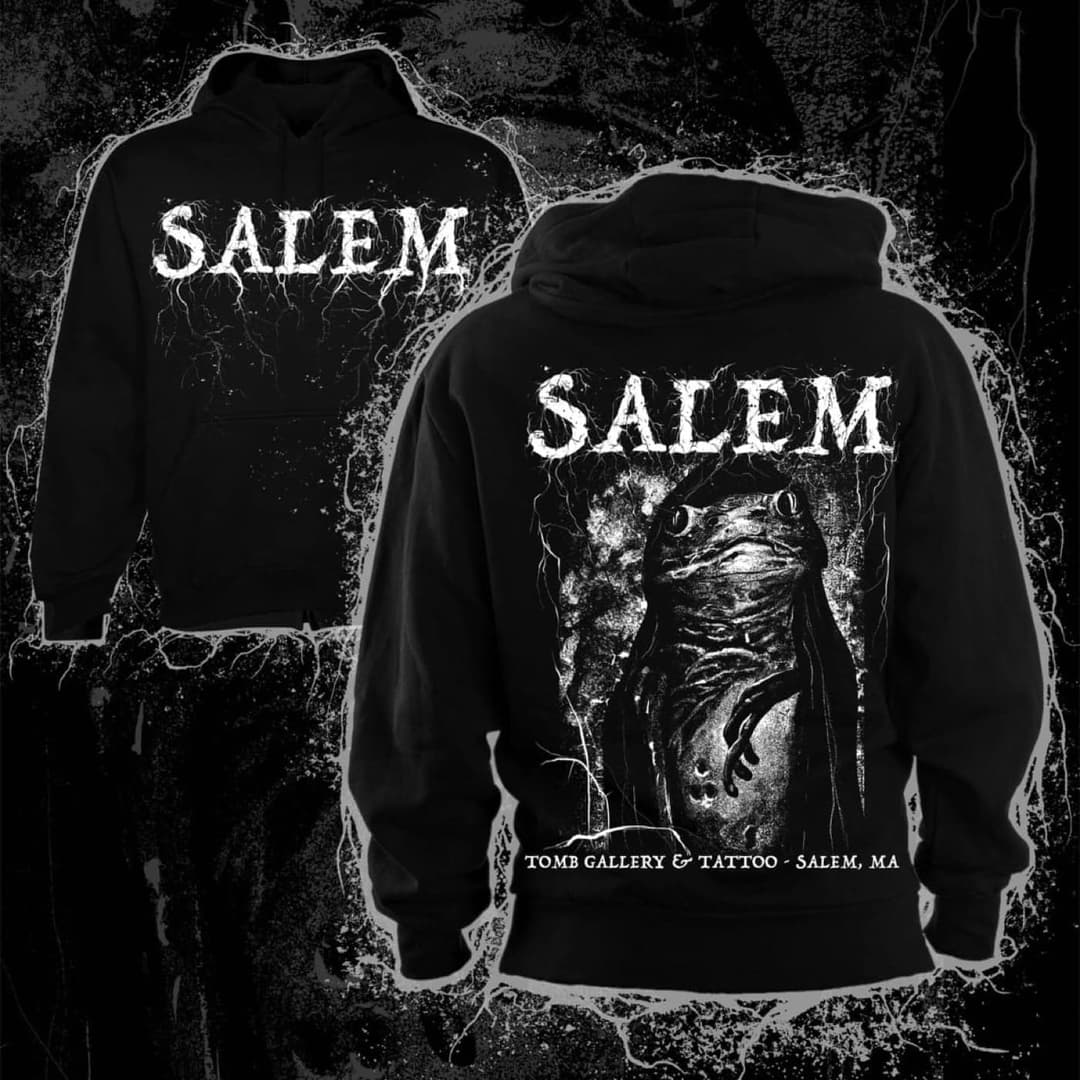 Salem Frog Pullover, an original horror design by the artists at Tomb Gallery in Salem