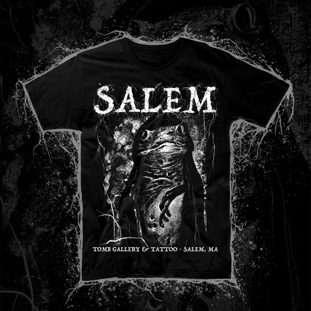 Salem Frog, an original horror design by the artists at Tomb Gallery in Salem