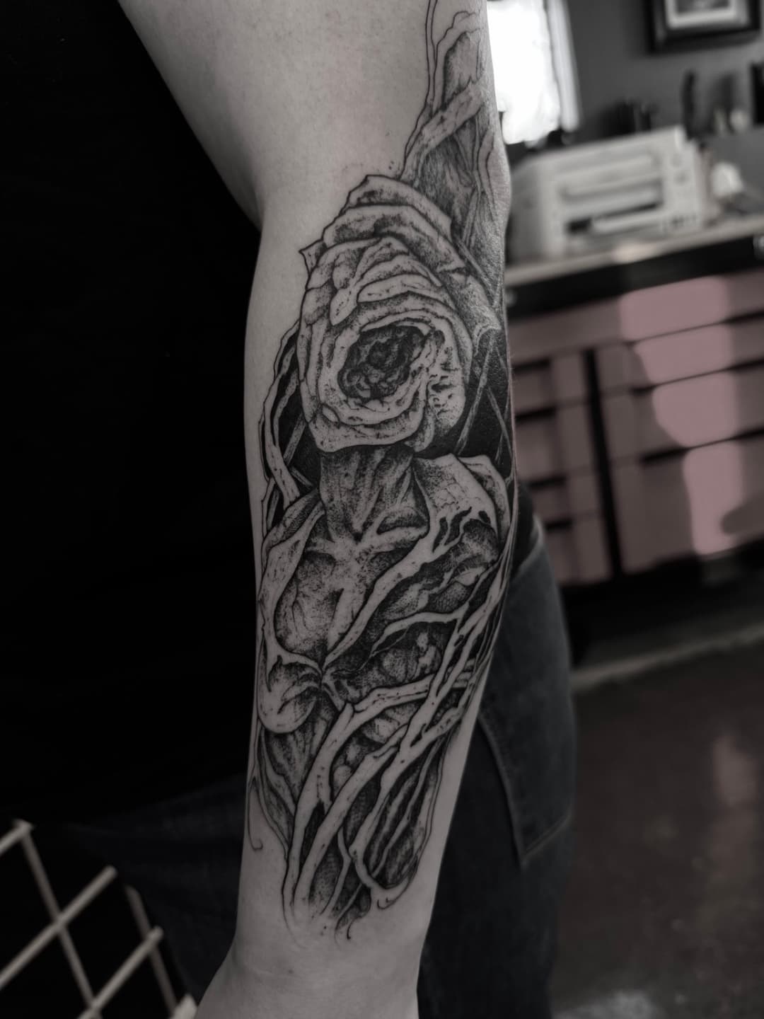 Dark illustrative tattoo by Miles at Tomb Gallery in Salem